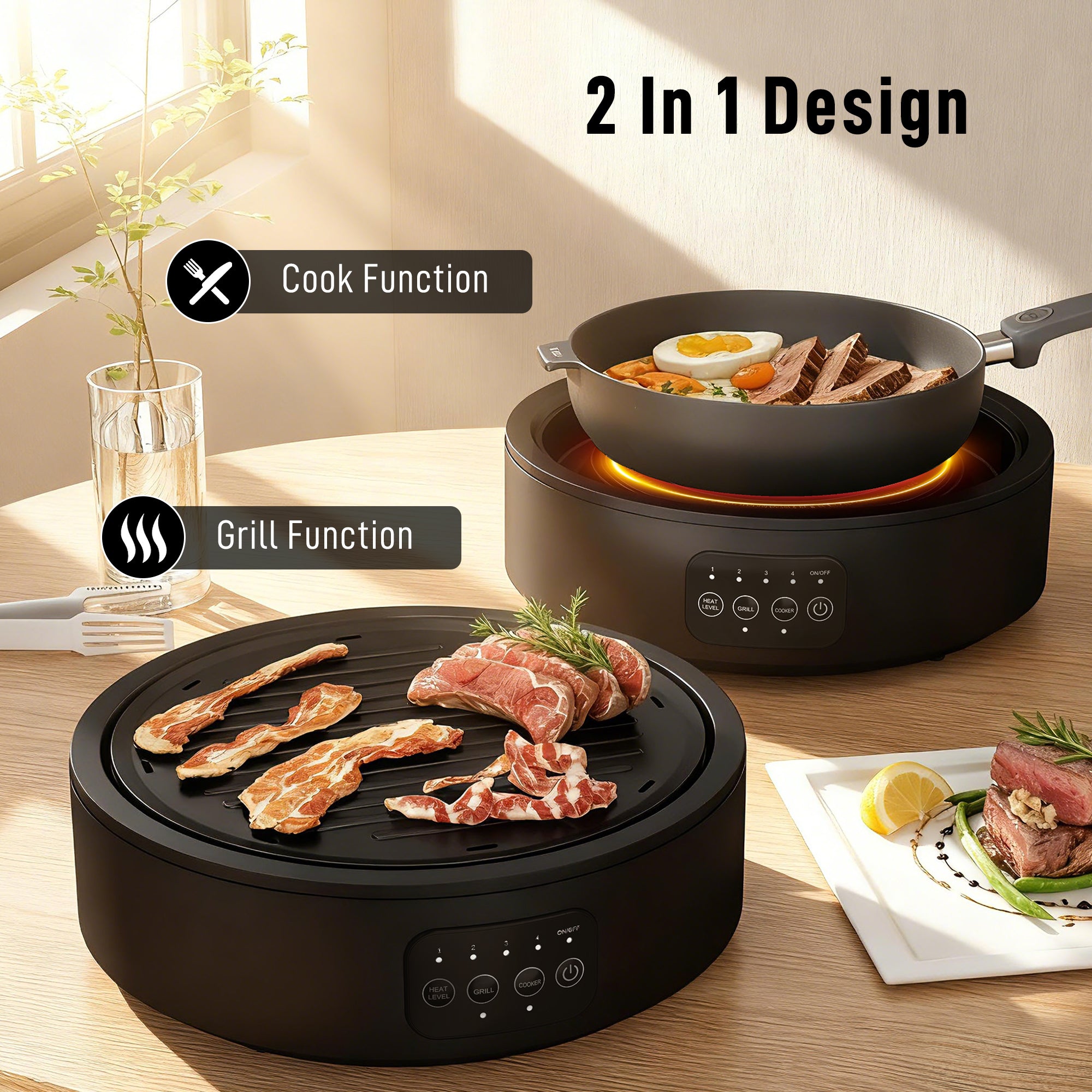 HOMCOM Electric Ceramic Hob with Grill Plate, Multifunctional 36cm Plug in Electric Hob with 4 Heat Levels for All Type Pot 