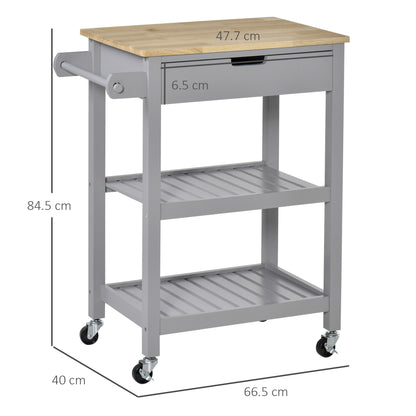 HOMCOM Kitchen Trolley Utility Cart on Wheels with Rubberwood Worktop, Towel Rack, Storage Shelves & Drawer for Dining Room, Grey 