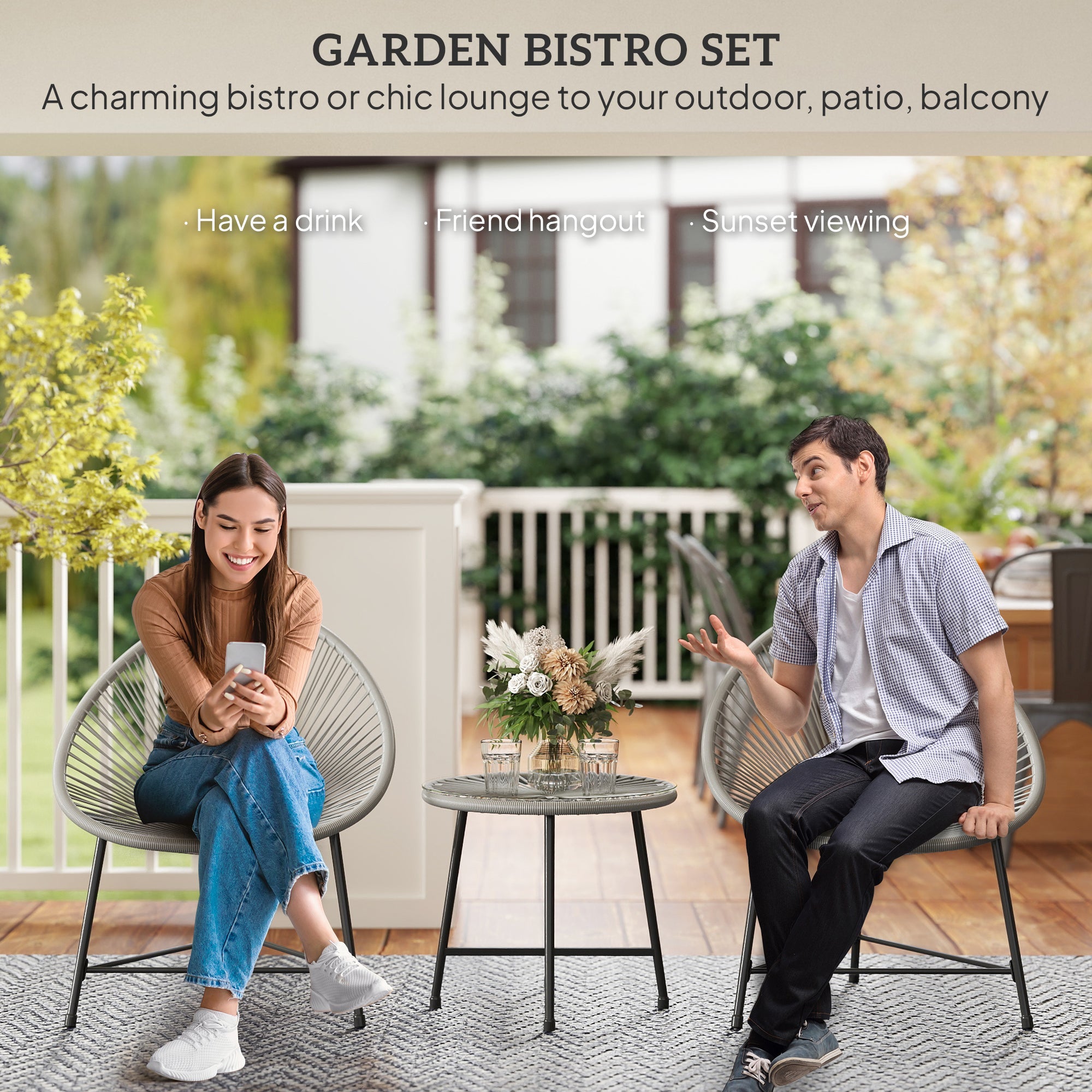 Outsunny 3 Pieces Rattan Bistro Set, Garden Bistro Set with Acapulco Chairs and Glass Top Table, Small Garden Furniture Set with Reinforced Metal Frame for Outdoor, Patio, Balcony, Grey 