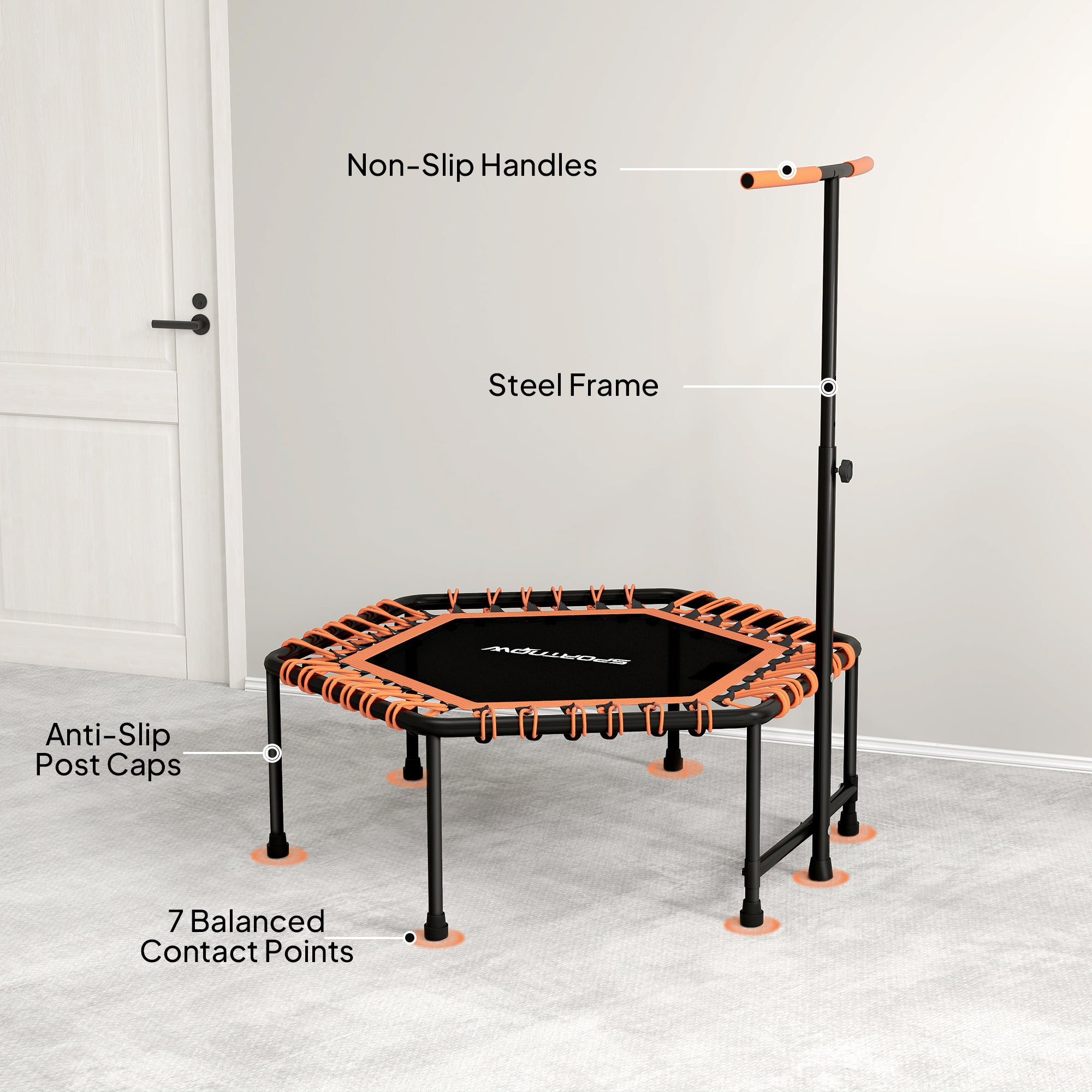 SPORTNOW 45" Rebounder Trampoline for Adults, Quiet Bungee Rebounder with LED Lights and Adjustable Handle, Orange