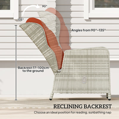 Outsunny 5 Pieces Rattan Bistro Set with Adjustable Back, Reclining Wicker Balcony Furniture with Cushions, Glass Top Coffee Table and Footstools, Outdoor Table and Chairs, Orange 
