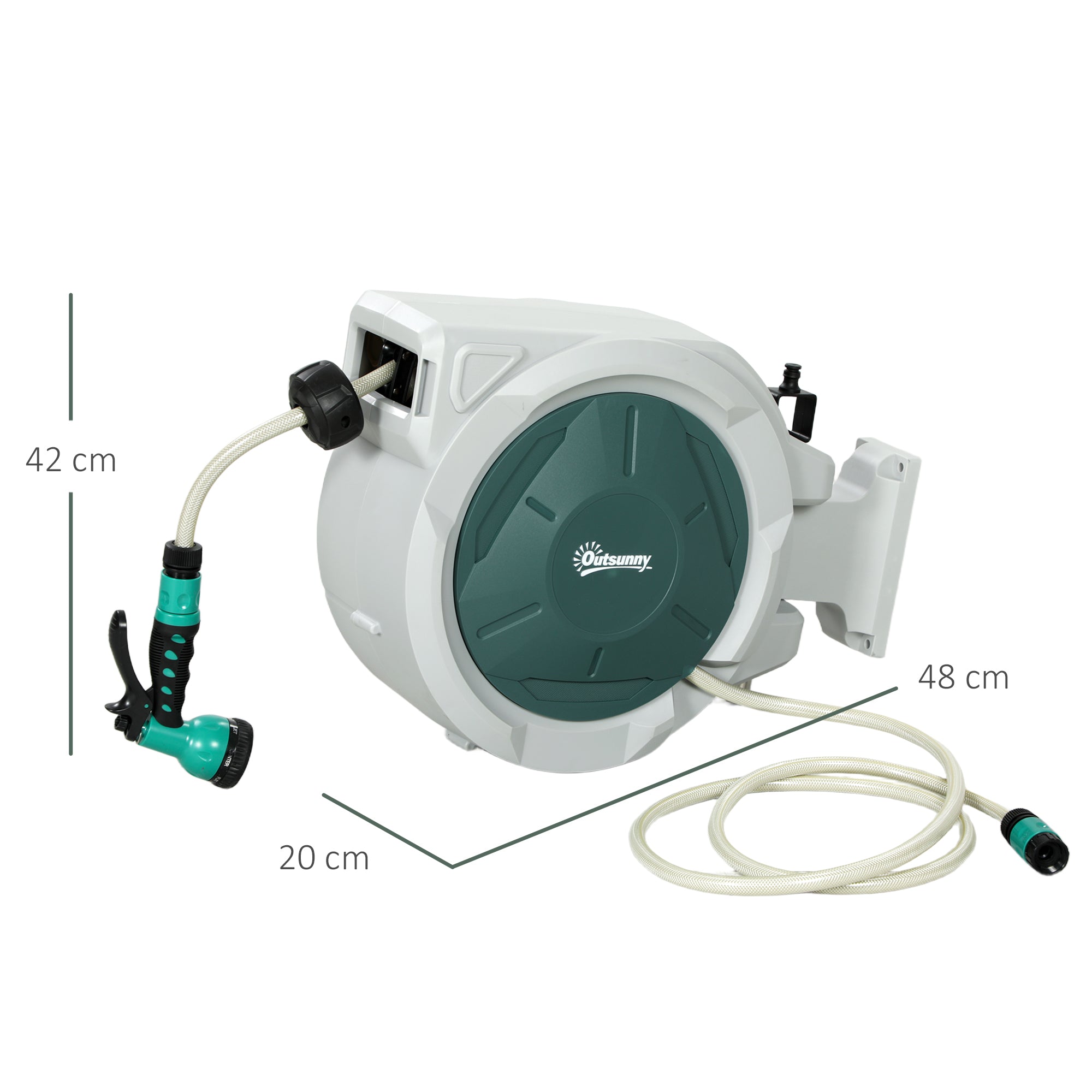 Outsunny Retractable Hose Reel Wall Mounted, 20+2m Garden Hose Pipe Reel with Lock, Auto Rewind, 7 in 1 Spray Nozzle, Includes Wall Fixings, 180\'c2\'b0 Swivel, Outdoor Watering, Light Grey