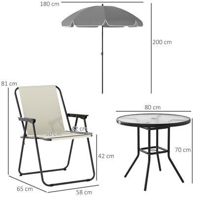 Outsunny 4 Seater Garden Furniture Set, 6 Pieces Garden Table and Chairs with Parasol, Outdoor Garden Dining Set with Folding Chairs and Round Glass Top Table for Patio, Cream White 