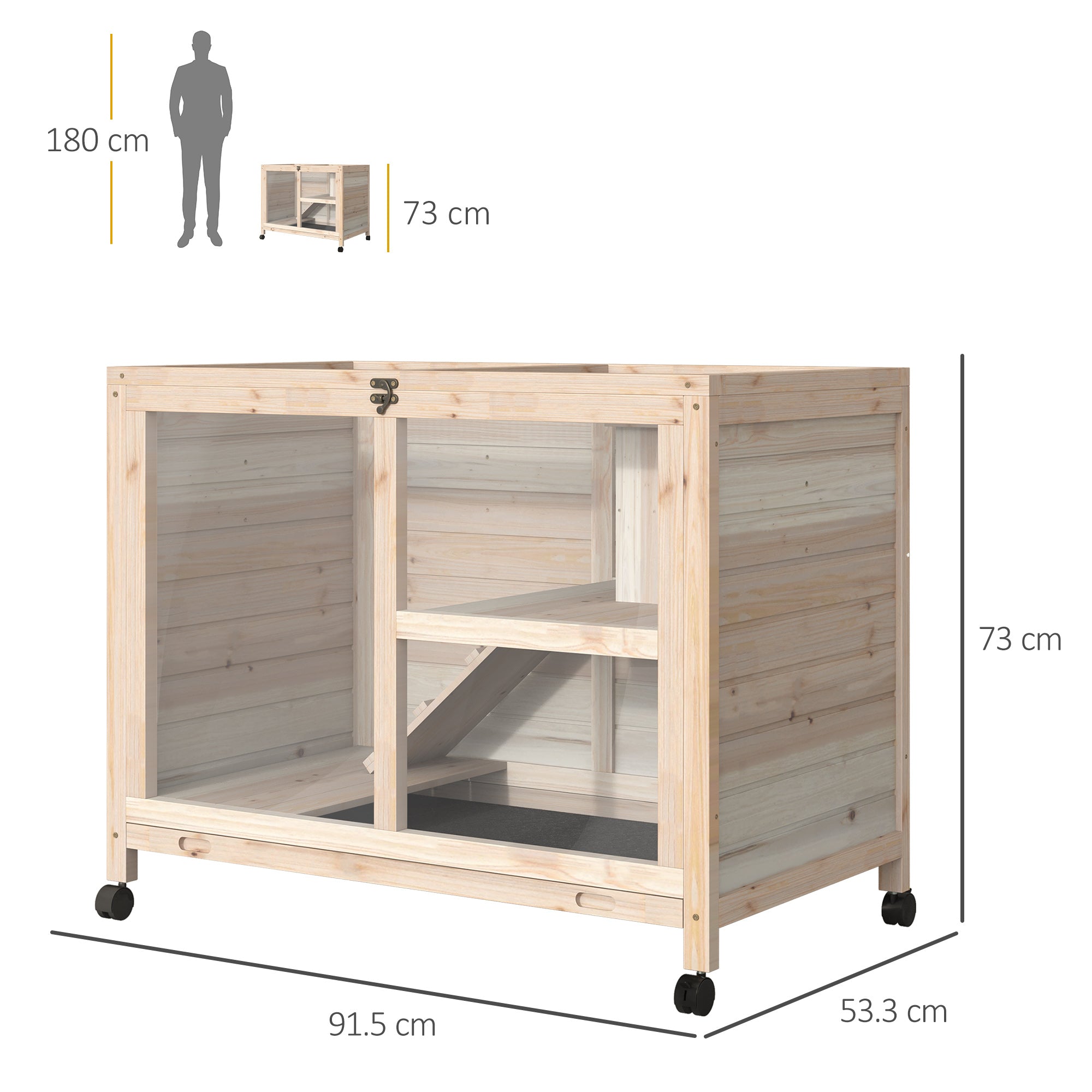 PawHut Rabbit Hutch Indoor Wooden Guinea Pig House Hamster Cage with Wheels, 2 Layers Bunny Cage with Openable Roof, 91.5 x 53.3 x 73 cm, Natural 