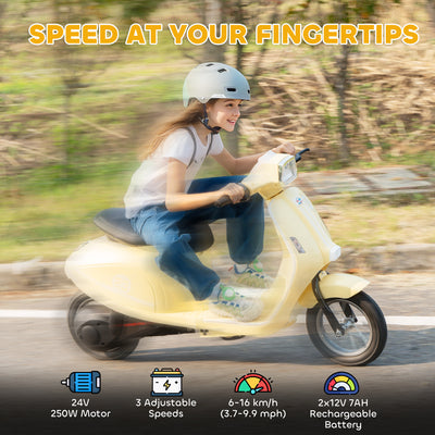 AIYAPLAY 24V Kids Electric Motorbike, Ride on Motorcycle with Manual Throttle, Brakes and LED Lights for Ages 8-12 Years, Beige 