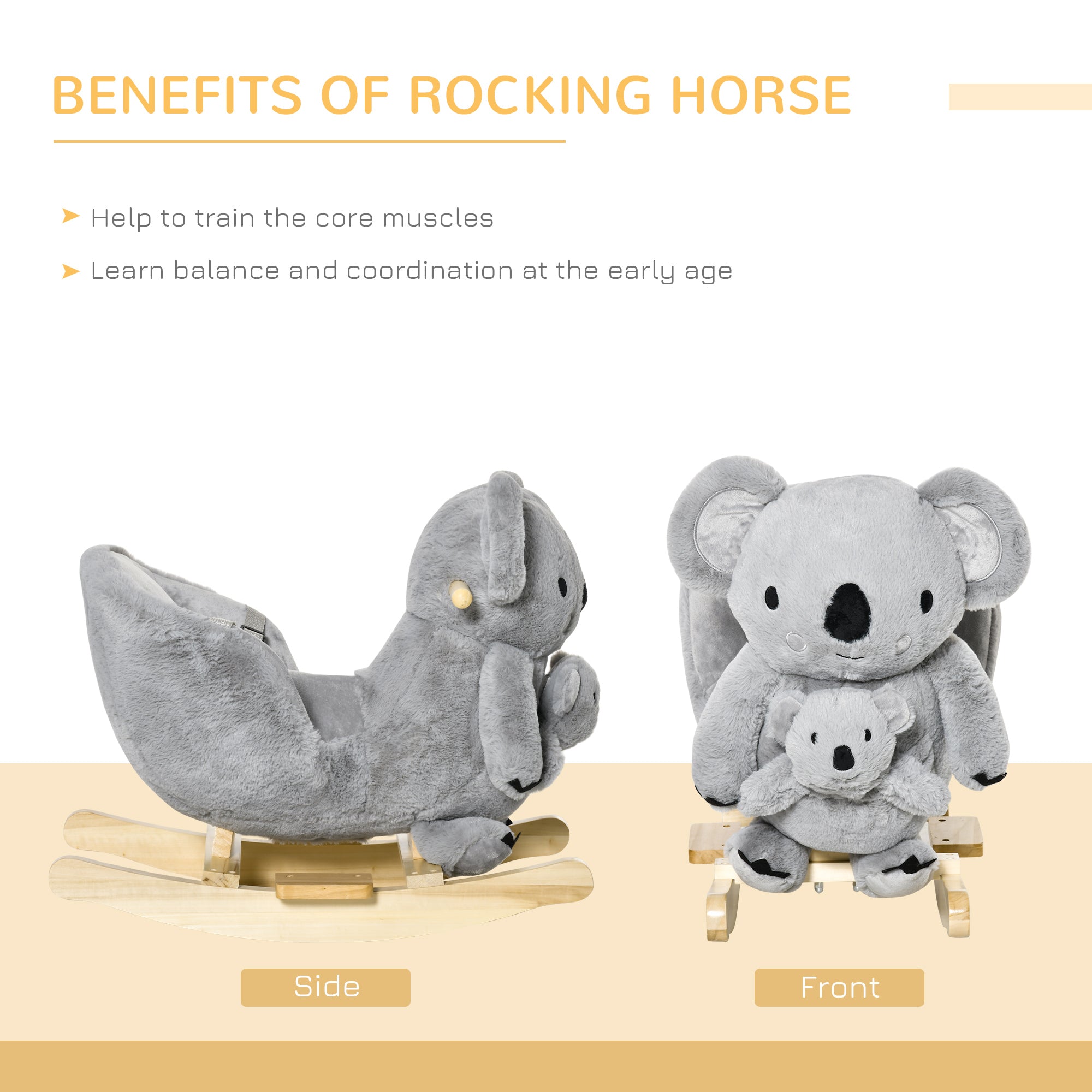 HOMCOM Kids Toddler Rocking Horse Plush Ride On Koala Rocker Wooden Base Seat Safety Belt w/ Gloved Doll Toy for 18-36 Months Grey 