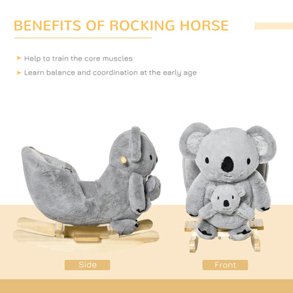 HOMCOM Kids Toddler Rocking Horse Plush Ride On Koala Rocker Wooden Base Seat Safety Belt w/ Gloved Doll Toy for 18-36 Months Grey 