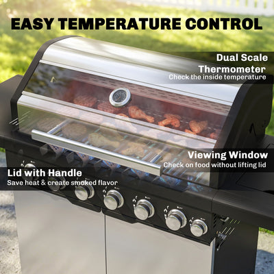 Outsunny 6+1 Burner Gas BBQ Grill, Outdoor Barbecue Trolley with Wheels, Warming Rack, Thermometer, Bottle Opener, Silver Tone 