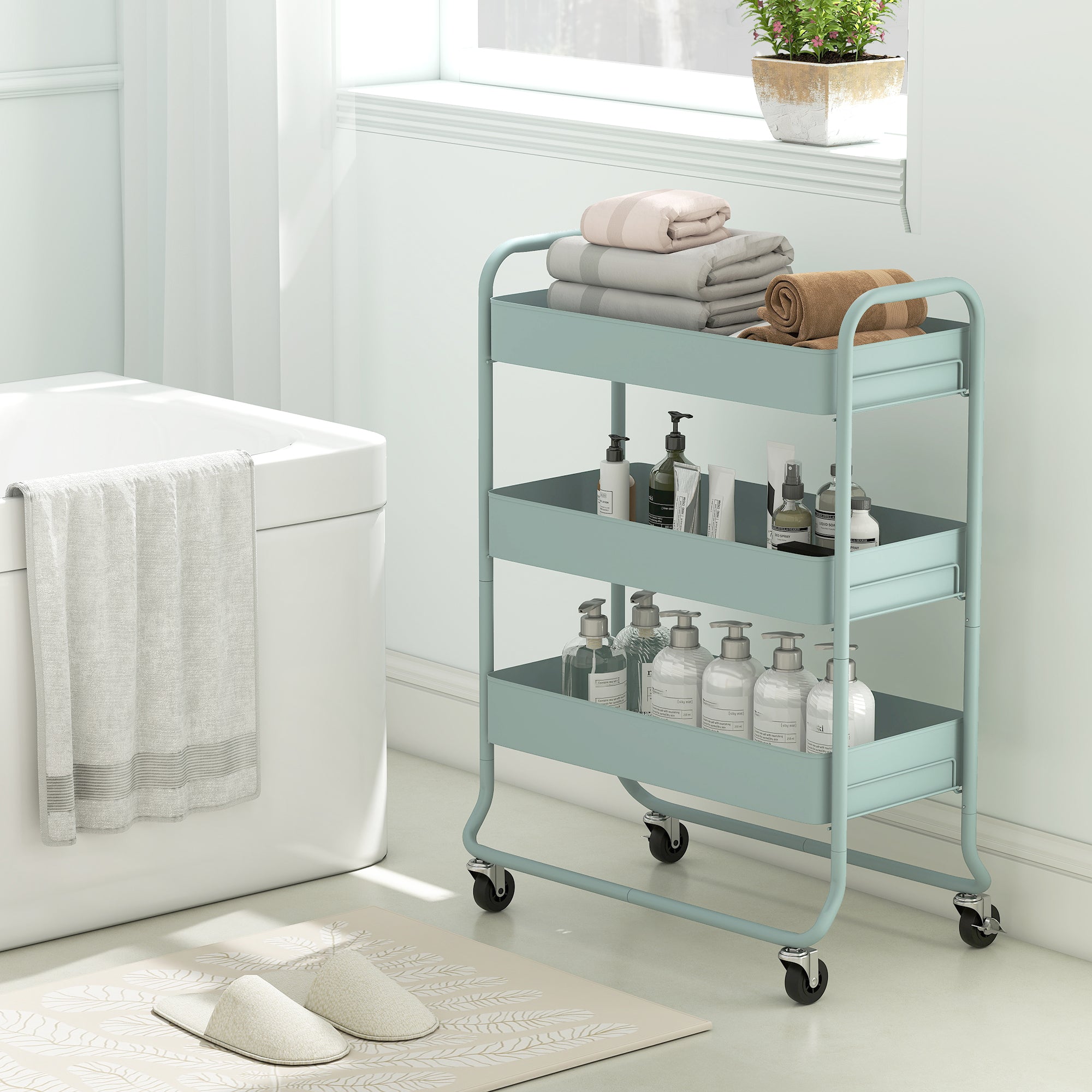 HOMCOM 3-Tier Storage Trolley on Wheels, Rolling Utility Cart with Mesh Backets for Kitchen, Bathroom, Bedroom, Light Green 