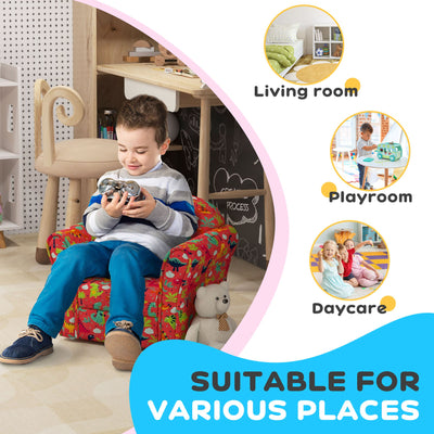 AIYAPLAY Kids Armchair with Dinosaur Design, Wooden Frame, for Bedroom, Playroom, Kids Room - Red 