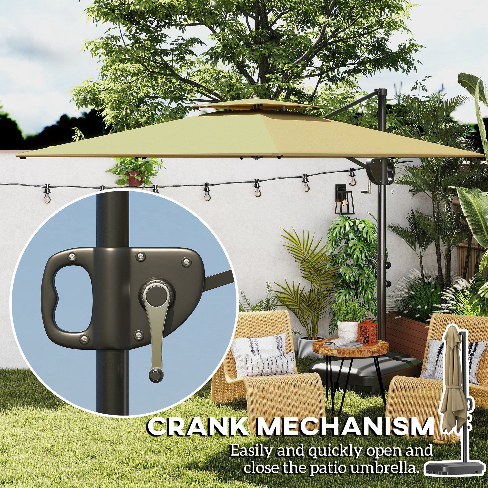 Outsunny Cantilever Parasol with Weighted Base Double Top Garden Parasol Square Hanging Patio Umbrella with Crank Tilt Khaki 