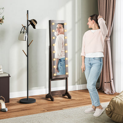 HOMCOM Free Standing Mirror Jewelry Cabinet with LED Lights, Jewellery Organiser with 3 Angle Adjustable, Full-Length Mirror with Storage for Earrings, Necklaces, Rings and Lipsticks, Dark Brown 