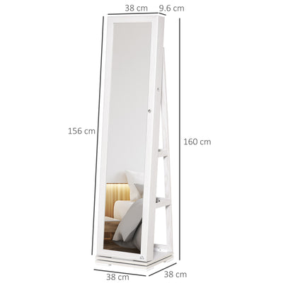 HOMCOM 360° Swivel Jewellery Cabinet, Mirror Armoire, Full Length Mirror, Lockable Jewellery Organiser with Built-In Small Mirror, White 