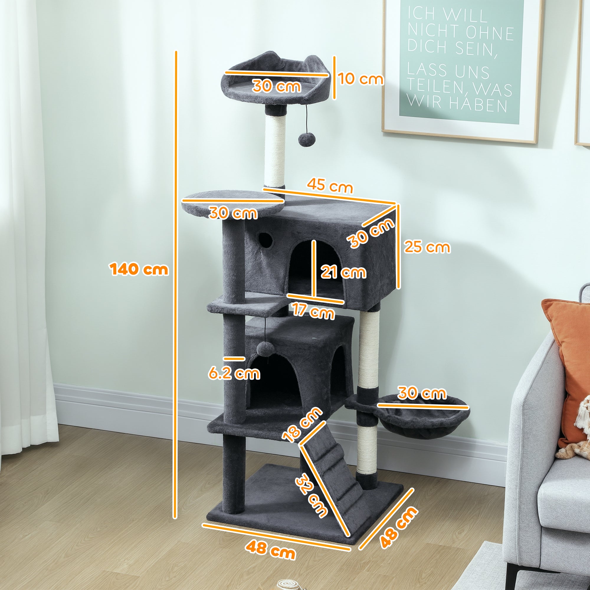 PawHut 140cm Large Cat Tree Tower with Sisal Scratching Posts, Cat Houses, Plush Perches, Hammock, Ladder, Dark Grey 