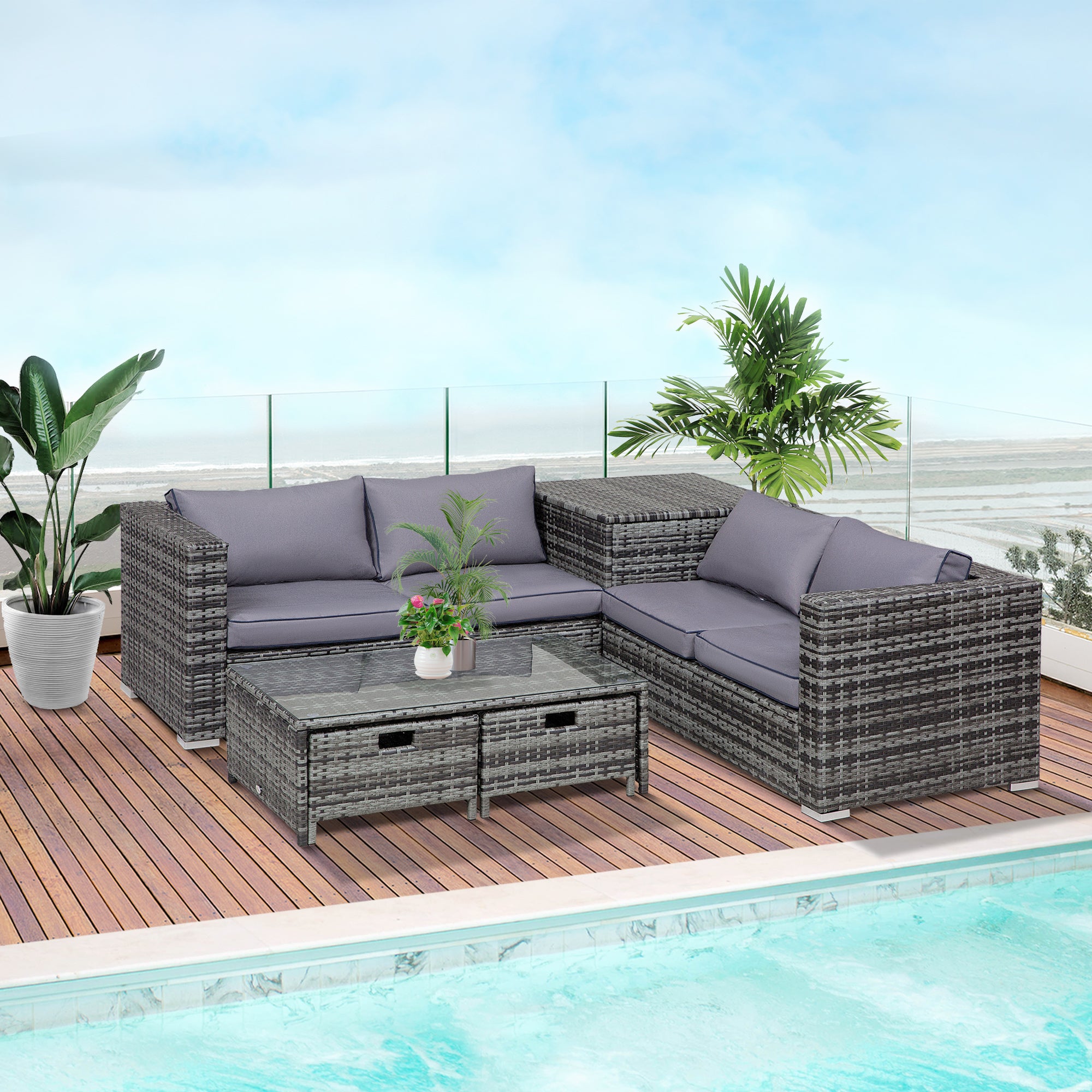 Outsunny 4 Pcs Rattan Wicker Garden Furniture Patio Sofa Storage & Table Set w/ 2 Drawers Coffee Table,Great Cushioned 4 Seats Corner Sofa - Grey 