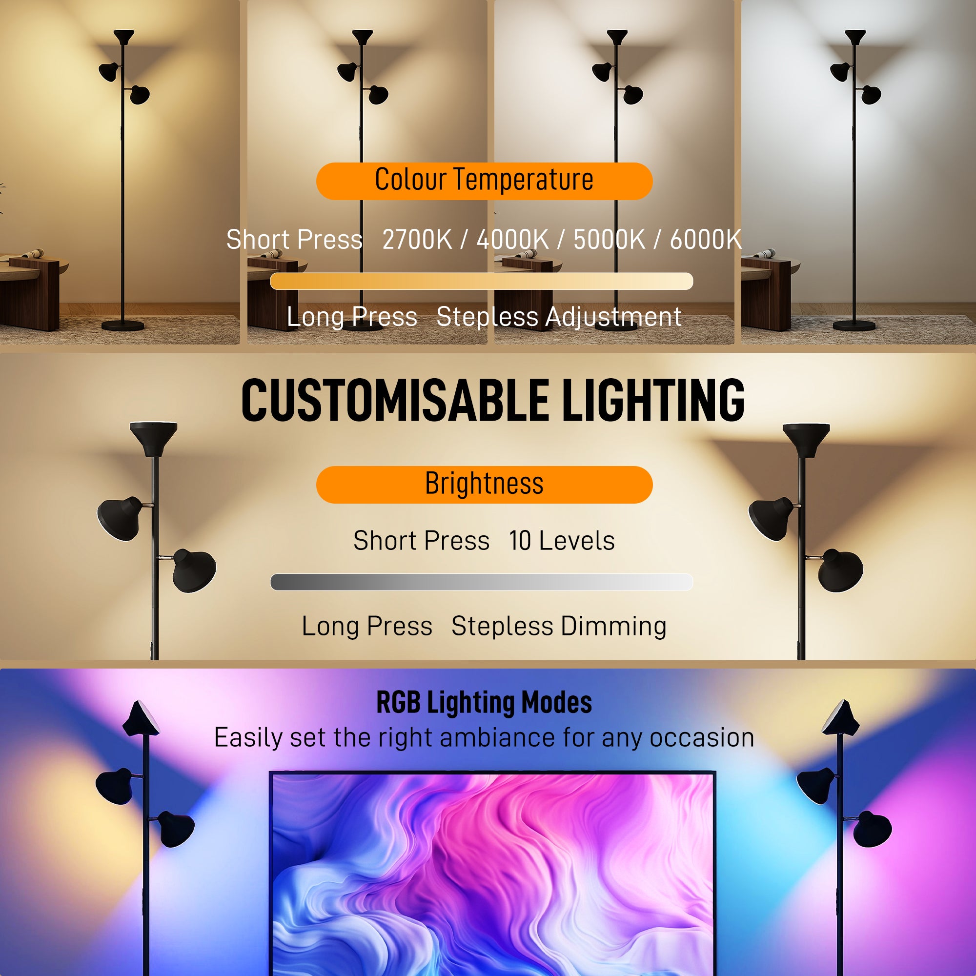 HOMCOM Three-Lamp Multi-Adjustable Floor Light - Black 