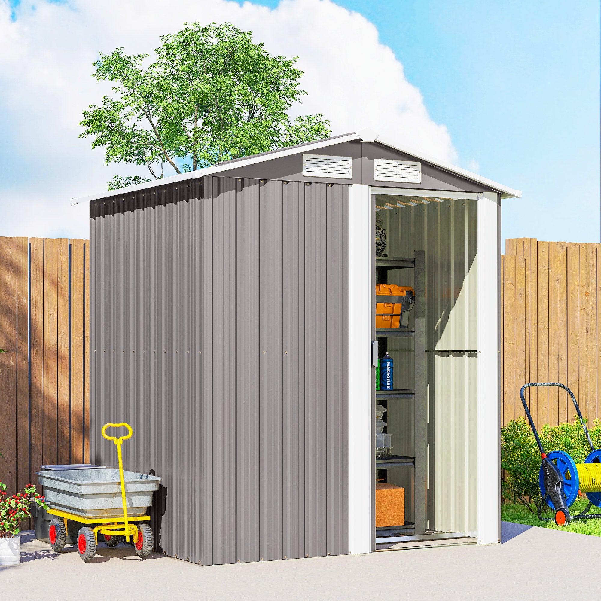 Outsunny Garden Metal Tool Storage Shed with Sliding Door, Sloped Roof and Foundation Kit, 152 x 132 x 188cm, Grey 