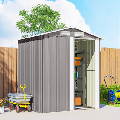 Outsunny Garden Metal Tool Storage Shed with Sliding Door, Sloped Roof and Foundation Kit, 152 x 132 x 188cm, Grey 