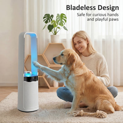 HOMCOM Bladeless Tower Fan, 36dB Standing Cooling Fan with Oscillating, LED Lights, 3 Speeds, 12H Timer, Remote Control 