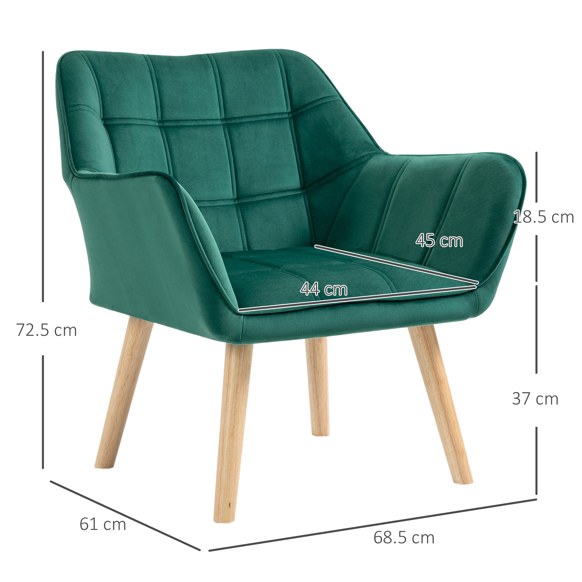 HOMCOM Armchair Accent Chair, Vanity Chair with Wide Arms, Slanted Back, Padding, Metal Frame, Wooden Legs, Home Bedroom Furniture Seating, Set of 2, Green 