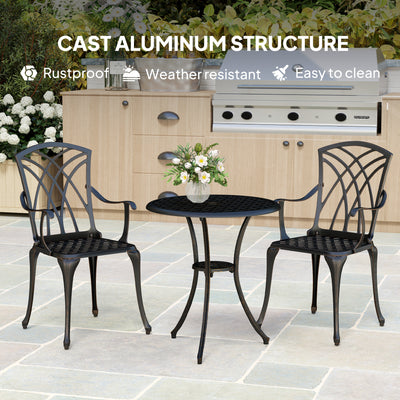 Outsunny 3 Pieces Garden Dining Set for 2, Cast Aluminium Outdoor Dining Set with 2 Armchairs and Round Dining Table with Parasol Hole, Garden Furniture Set, Bronze Tone 