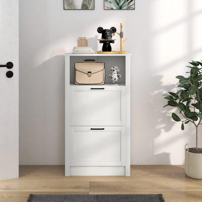 HOMCOM Modern Shoe Cabinet with 2 Flip Drawers and Adjustable Shelves, Narrow Shoe Storage Cabinet with Open Compartment, Holds 10 Pairs for Entryway, Hallway, White 