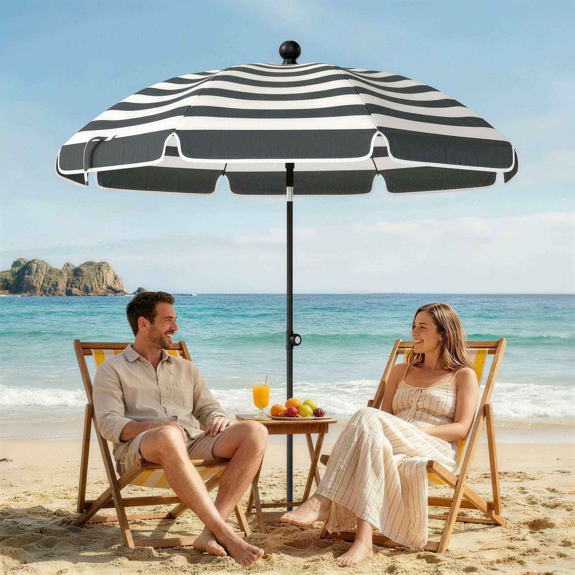 Outsunny 1.8 m Beach Umbrella Parasol with Sand Anchor, Portable 30° Tilting Patio Sun Shade with Adjustable Height, Grey/White 