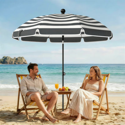 Outsunny 1.8 m Beach Umbrella Parasol with Sand Anchor, Portable 30° Tilting Patio Sun Shade with Adjustable Height, Grey/White 