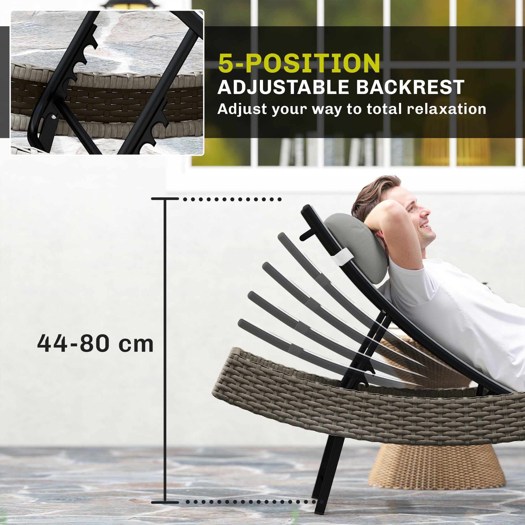 Outsunny Rattan Sun Lounger, Garden Recliner with 5 Position Adjustable Back, S Shaped Texteline Seat, Headrest, Light Grey 