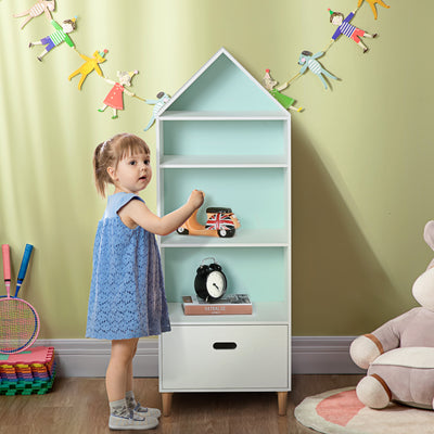HOMCOM Kids Children Wooden Bookcase w/Drawer Bedroom Furniture Bookshelf Storage Rack Display Unit Toys Games Organisation Cabinet Pink Blue Back Panel 50 x 30 x 142 cm 