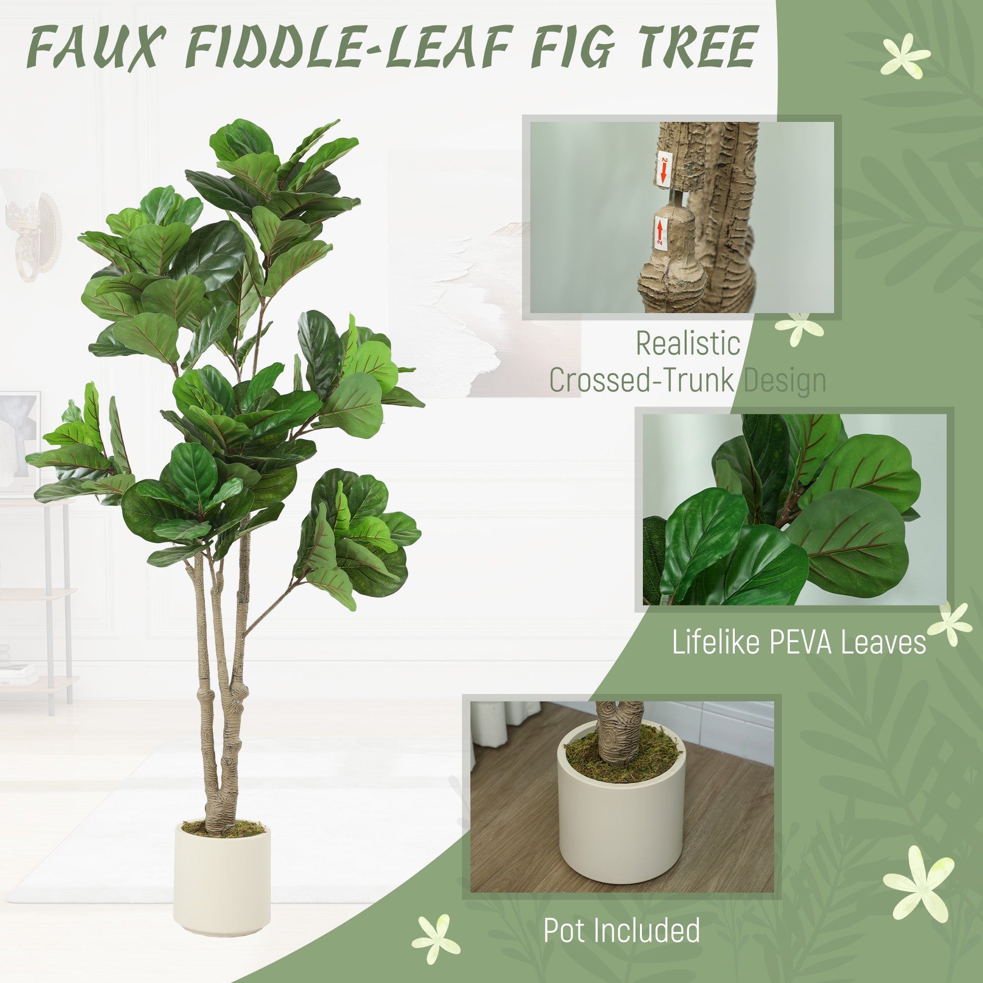 HOMCOM 180cm Artificial Fiddle Leaf Fig Tree - Green 