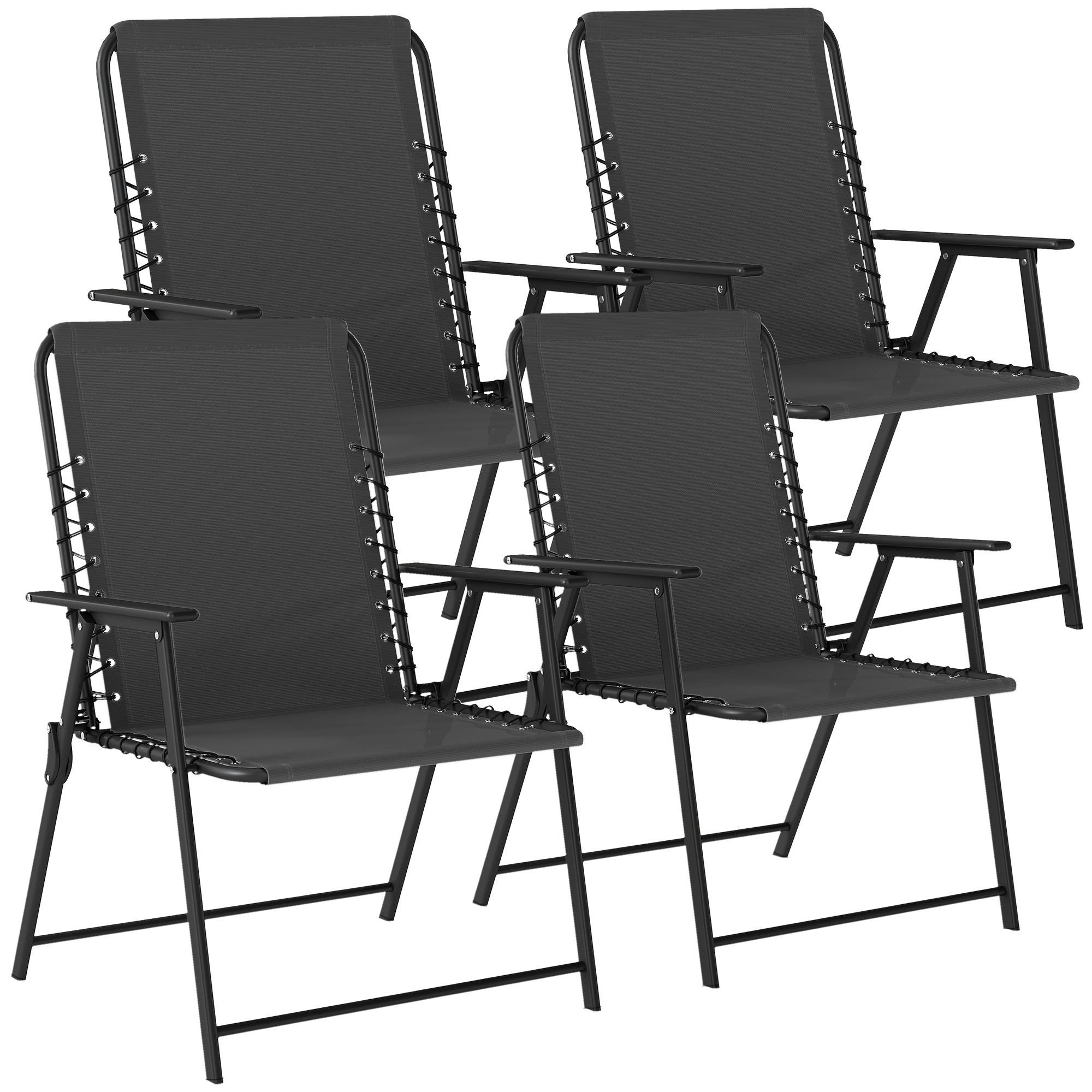 Outsunny Folding Garden Chairs Set of 4, Outdoor Dining Chairs with Wide Texteline Seat, High Back and Armrests, Black 