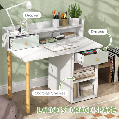 AIYAPLAY Two-Piece Children Study Table with Hutch, Kids Desk and Chair Set with Storage, Drawer, Shelves, Green 