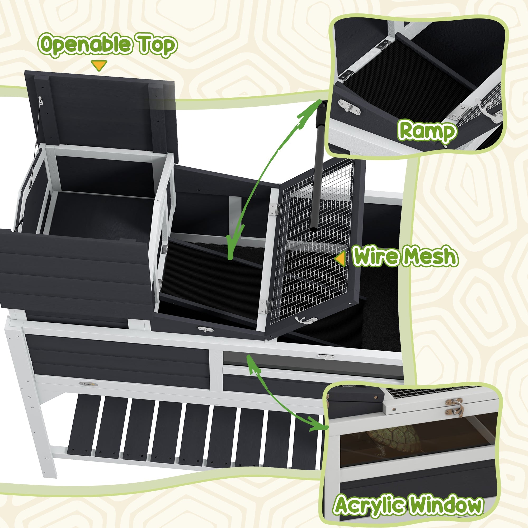 PawHut Wooden Tortoise Enclosure, Tortoise Tank w/ Adjustable Lamp Holder, Openable Lid, Removable Main House - Grey 