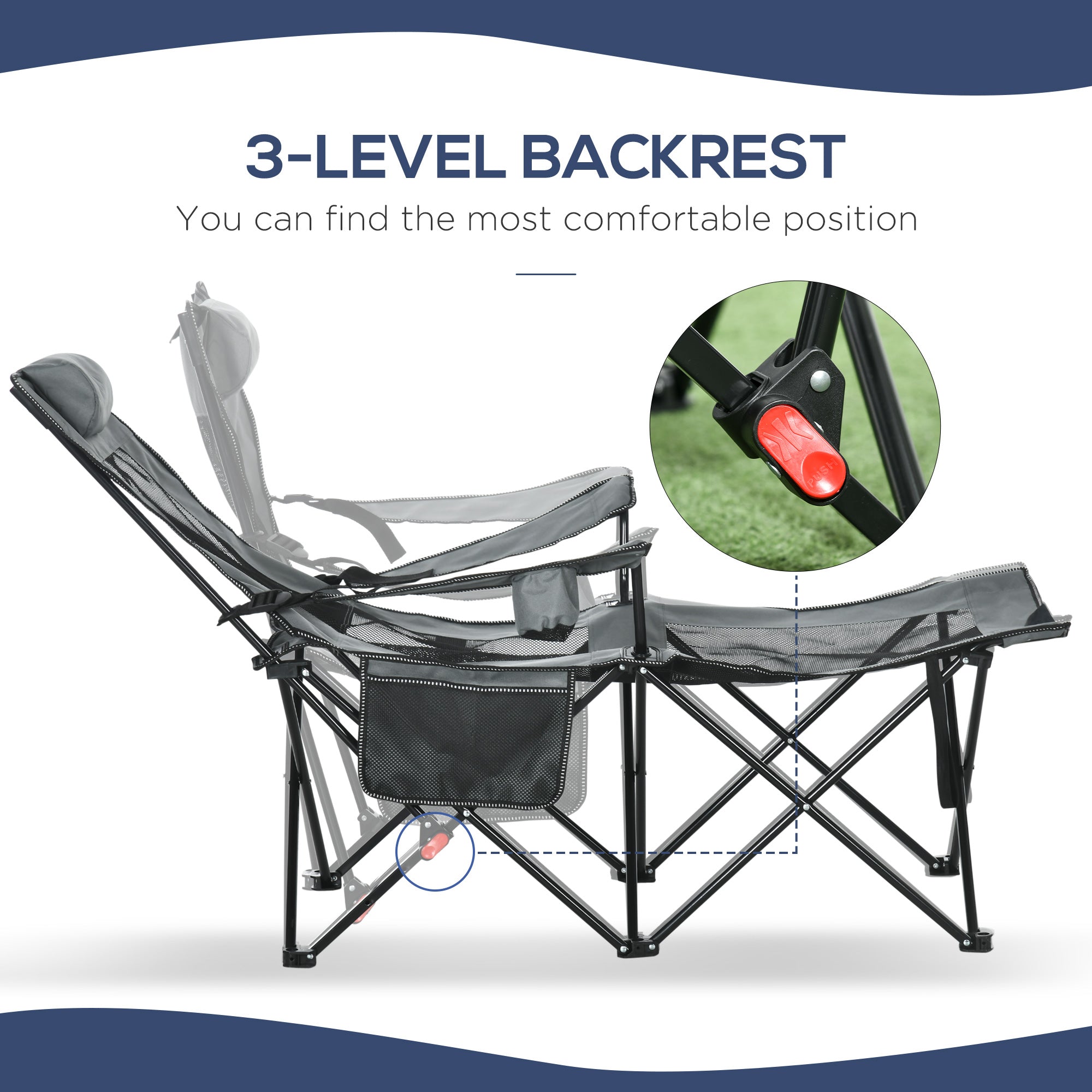 Outsunny Foldable Reclining Garden Chairs with Footrest and Adjustable Backrest, Portable Camping Chair with Headrest, Cup Holder, Side Pocketand Carry Bag for Outdoor, Grey 
