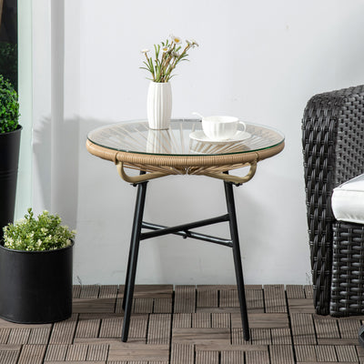 Outsunny Rattan Side Table, Round Outdoor Coffee Table, with Round PE Rattan and Tempered Glass Table Top for Patio, Garden, Balcony, Beige 
