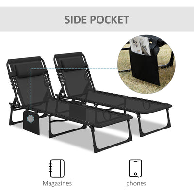 Outsunny Portable Sun Lounger Set of 2, Folding Camping Bed Cot, Reclining Lounge Chair 5-position Adjustable Backrest with Side Pocket, Pillow for Patio Garden Beach Pool, Black 