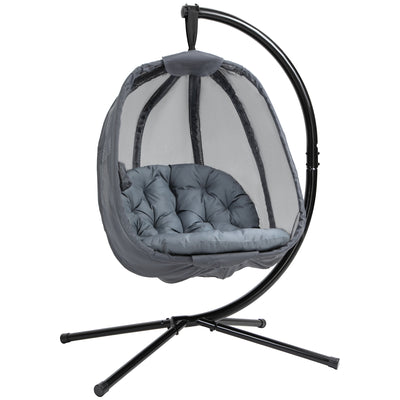 Outsunny Hanging Egg Chair, Folding Texteline Swing Hammock with Side Pocket, Cushion and Stand for Indoor Outdoor, Patio Garden Furniture, Grey 