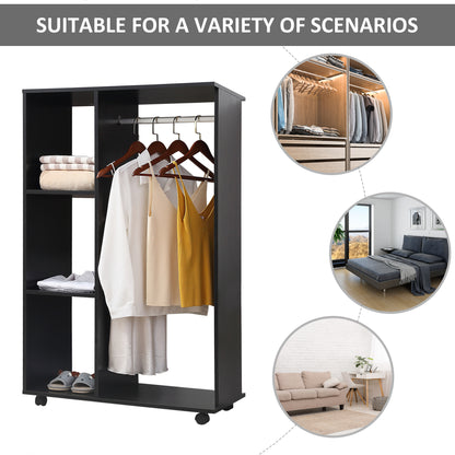 HOMCOM Open Wardrobe on Wheels, Bedroom Wardrobe with Clothes Hanging Rail, 3 Storage Shelves, Mobile Garment Rack for Cloakroom, Hallway, Black 