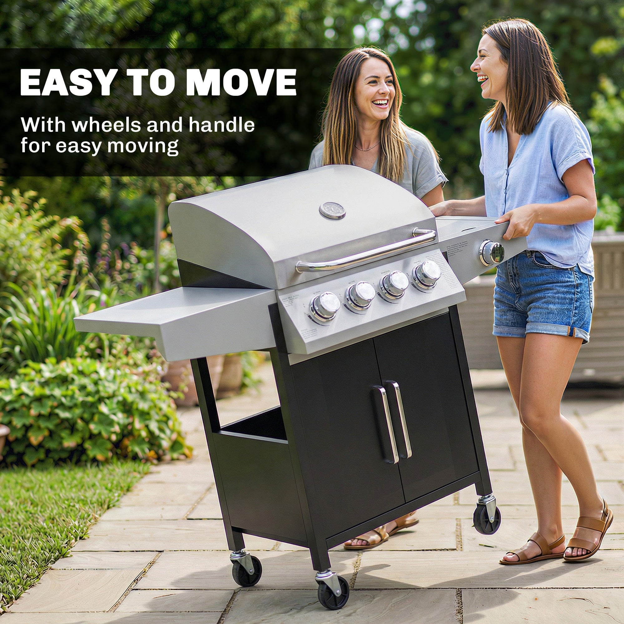 Outsunny 4+1 Burner Gas BBQ Grill with Side Burner, 50000 BTU Steel Portable Gas Barbecue Grill with Built-in Thermometer, Lid 