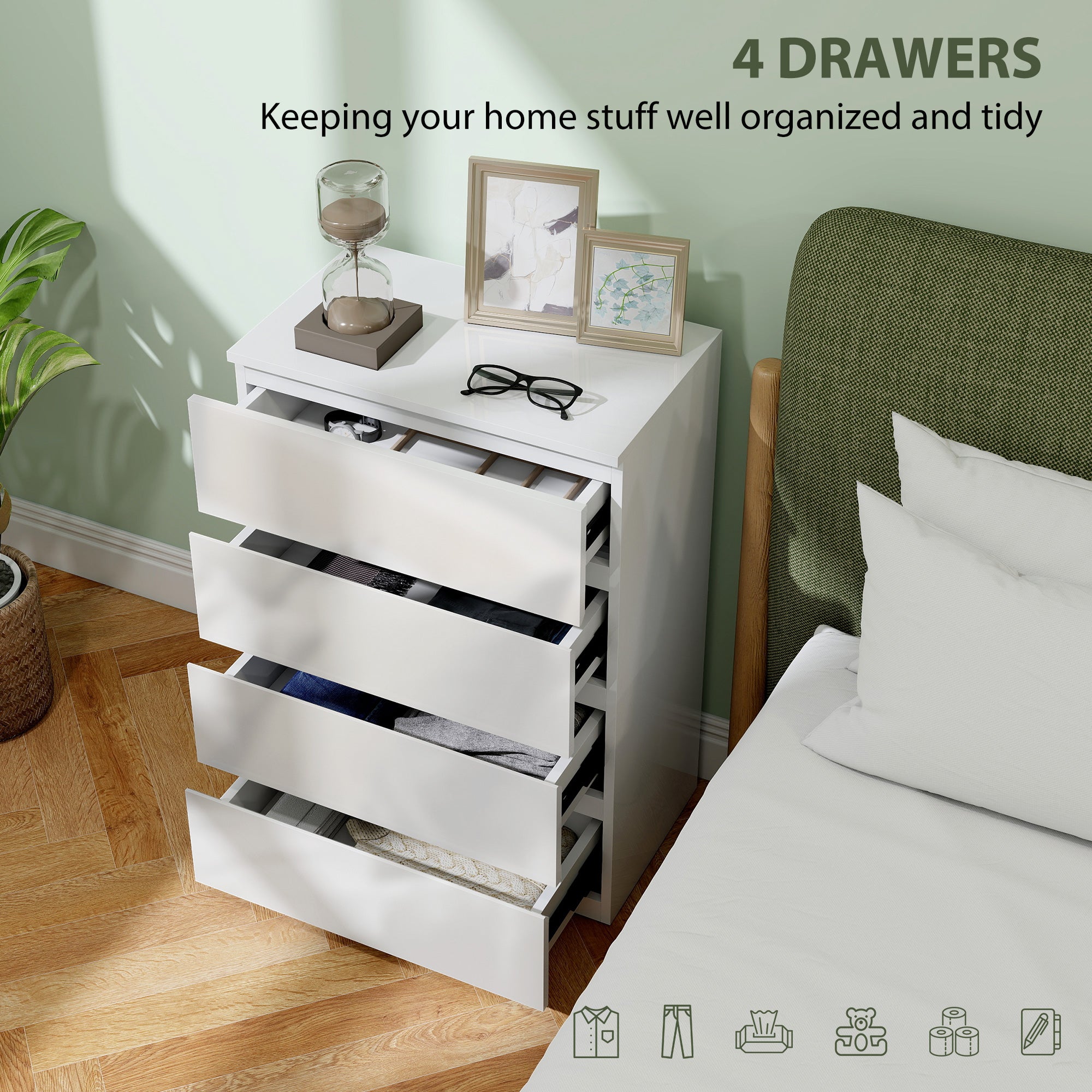 HOMCOM High Gloss Chest of Drawers, 4-Drawer Storage Cabinets, Modern Dresser for Bedroom, White 