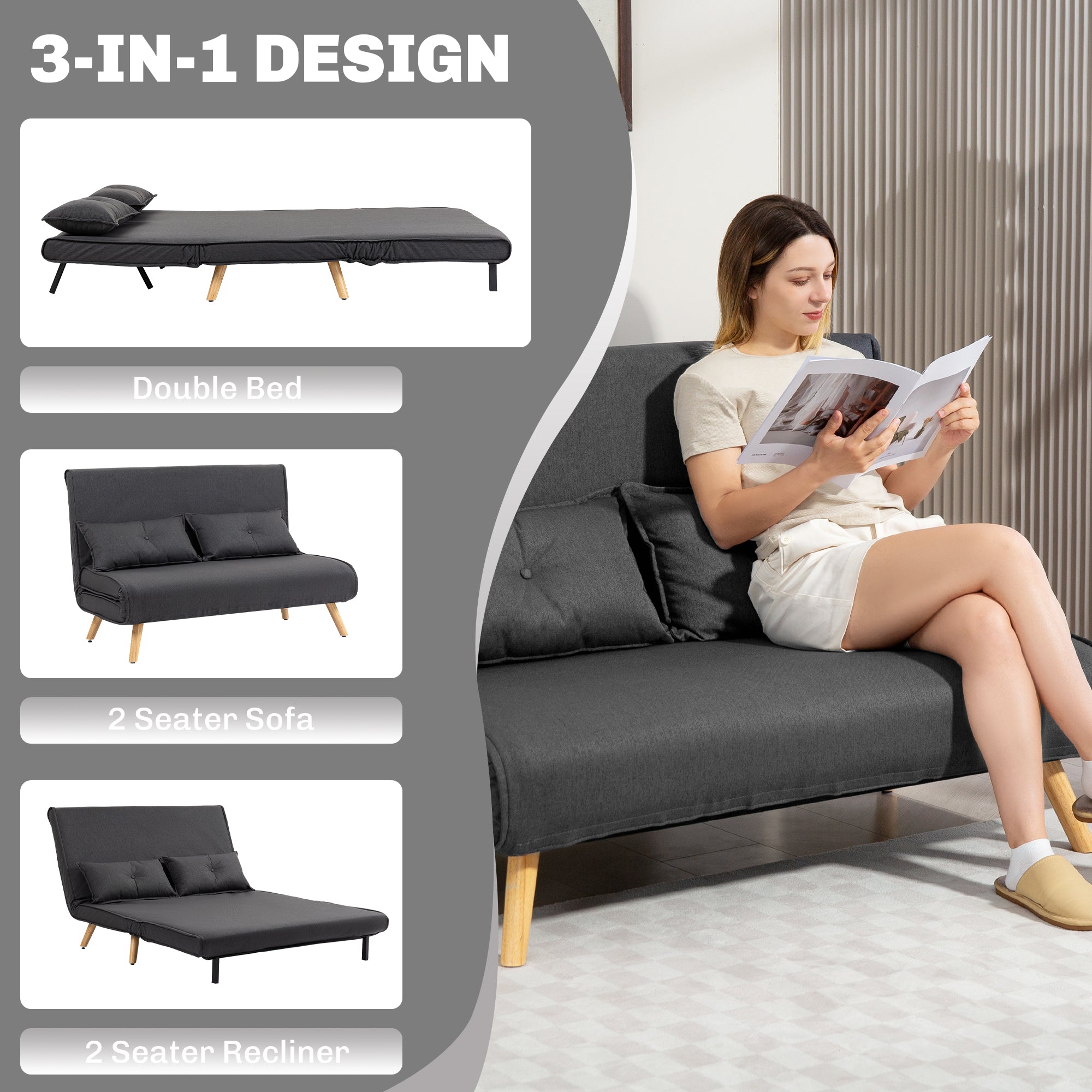 HOMCOM Two-Seater Linen-Look Sofa Bed - Charcoal Grey