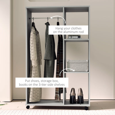 HOMCOM Open Wardrobe on Wheels with Clothes Rail, Bedroom Clothes Storage with Hanging Rod, 3 Storage Shelves, Mobile Garment Rack for Cloakroom, Hallway, Grey 