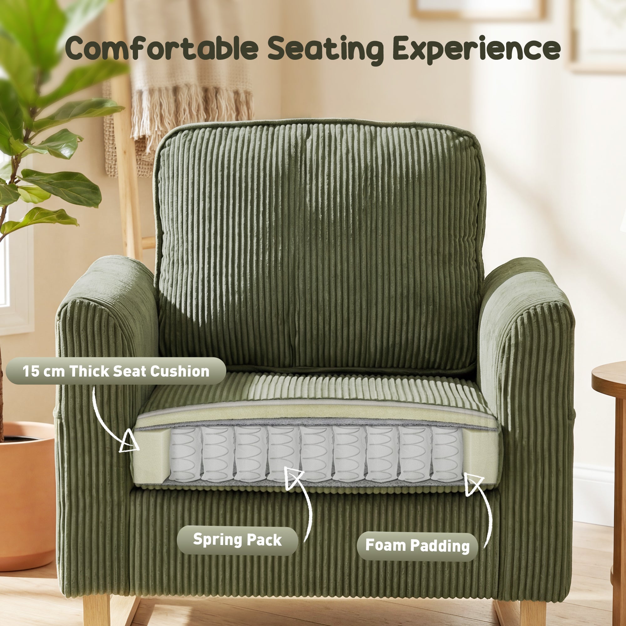 HOMCOM Accent Chair with Spring, Modern Industrial Armchair with Metal Legs for Livingroom Dark Green 
