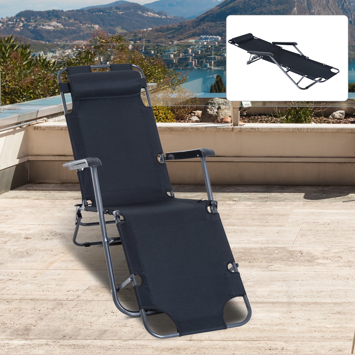 Outsunny Metal Frame 2 In 1 Sun Lounger w/ Pillow Black 
