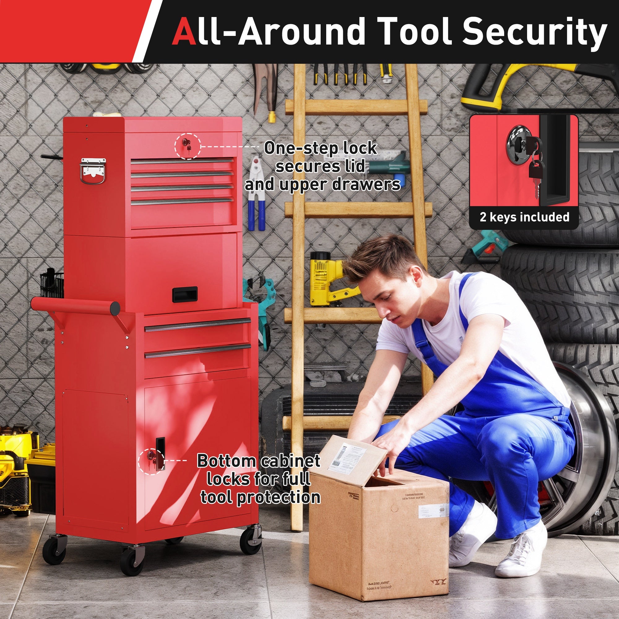 HOMCOM Three-Part Steel Locking Tool Chest - Red 