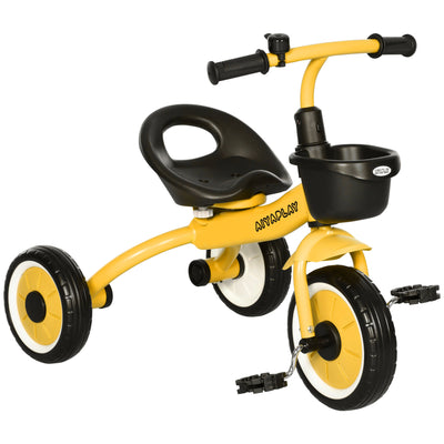 AIYAPLAY Kids Trike, Tricycle, with Adjustable Seat, Basket, Bell, for Ages 2-5 Years - Yellow 