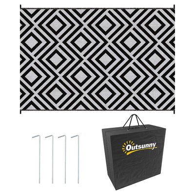 Outsunny Reversible Outdoor Rug, Plastic Straw Mat w/ Carry Bag Ground Stakes for Garden RV Picnic Beach Camping 182x274cm Black 