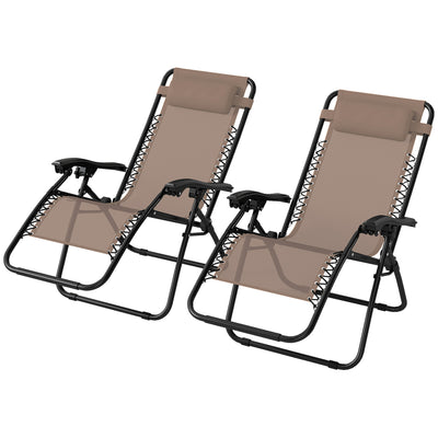 Outsunny Zero Gravity Chair Set of 2, Metal Frame Texteline Armchair Outdoor Folding and Reclining Sun Lounger with Head Pillow for Patio Decking Gardens Camping, Beige 