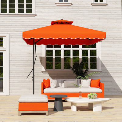 Outsunny 2.5m Cantilever Parasol with Easy Lever, Square Double Top Garden Parasol Umbrella with Ruffles and Cross Base, Overhanging Outdoor Sun Shades, Orange 